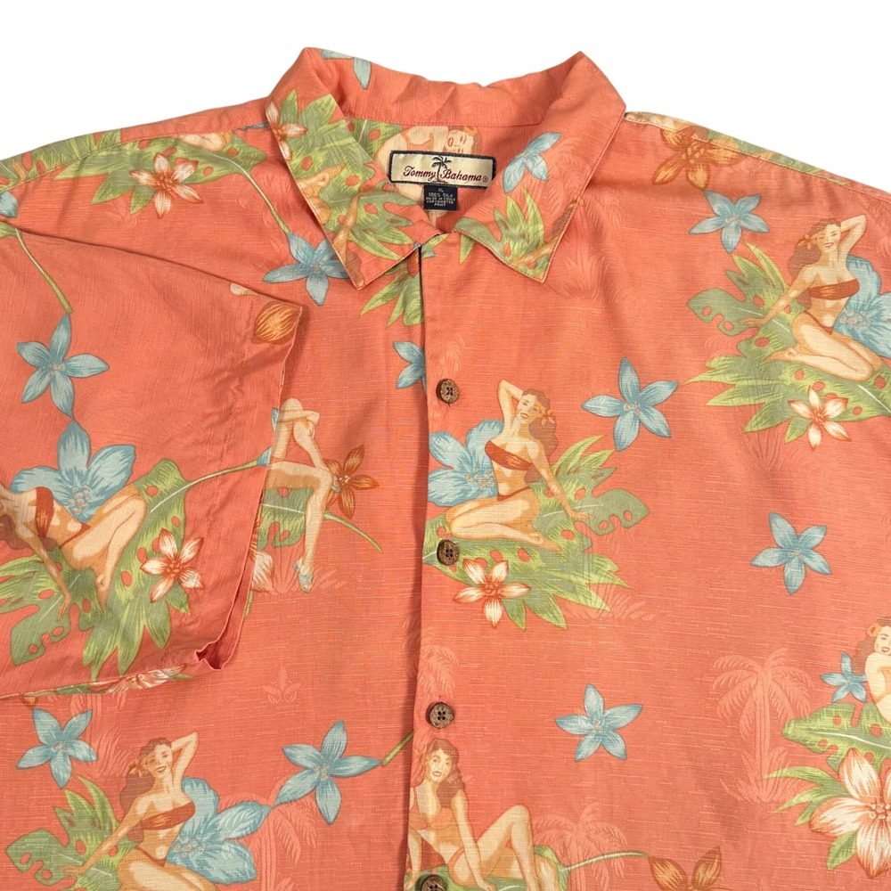 Tommy Bahama 100% Silk Hula Girl Pinup Tropical Floral Camp Shirt Coral Mens XL